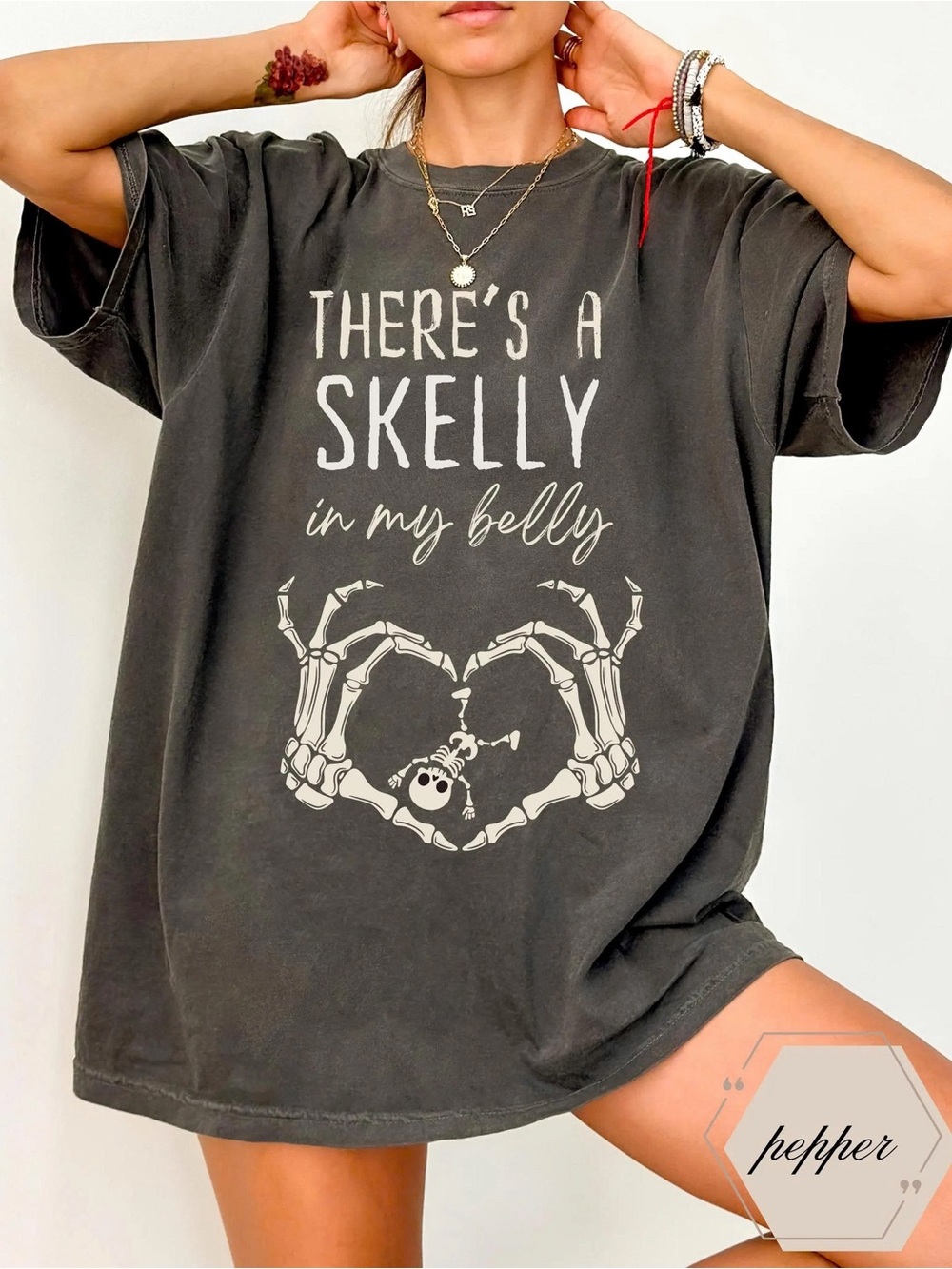 Pepper' 'There's a Skelly in My Belly' Black Graphic Tee